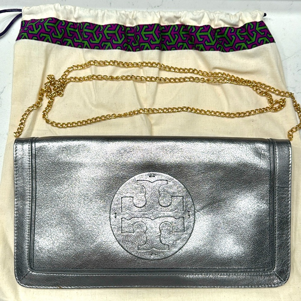 Silver Tory Burch fold over clutch